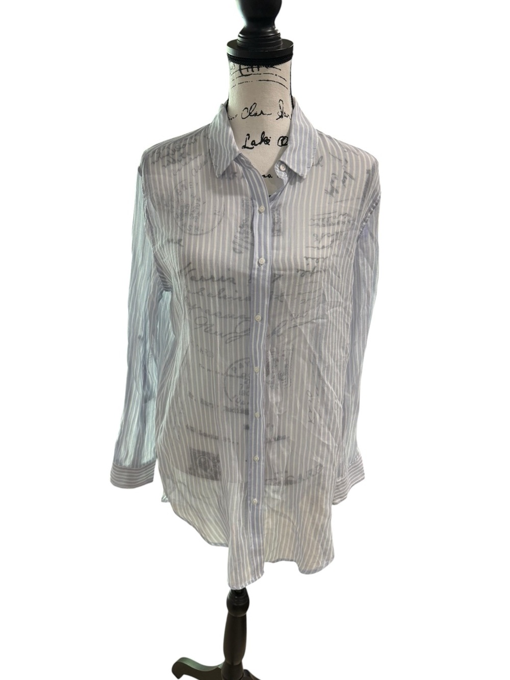 Joan Vass Stripe Roll Up Sleeve Button up blue/white Shirt Size Small